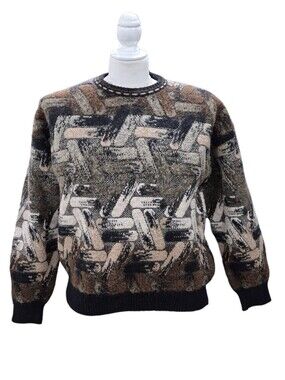 Vtg Bachrach 3D sweater men's large black tan textured wool Alpaca Blend Italy